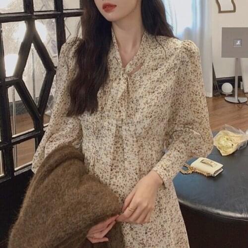 2021 Autumn Floral Midi Dress Women Long Sleeve Casual Evening Party Vintage Dress Office Lady Elegant One Piece Dress Korean