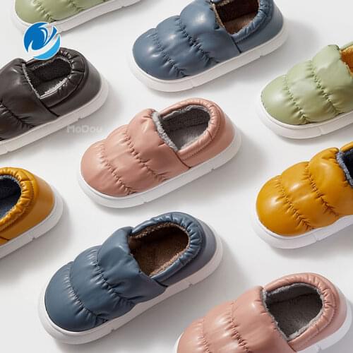 Mo Dou New Autumn Cotton Slippers Indoor Warm Home Shoes Solid-Color PU Leather Soft Thick Sole Long Plush Women Men Shoes EVA