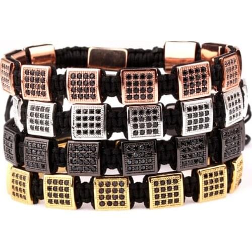 Drop Shipping Luxury CZ Pave Square Brass Beads Braided Men Jewelry Wrap Adjustable Bracelet