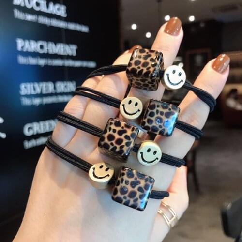 Acrylic Elastic Hair Band Leopard Square Head Rope Metal Smiley Hair Rope Hair Gum Ponytail Holder Bands Hair Accessories