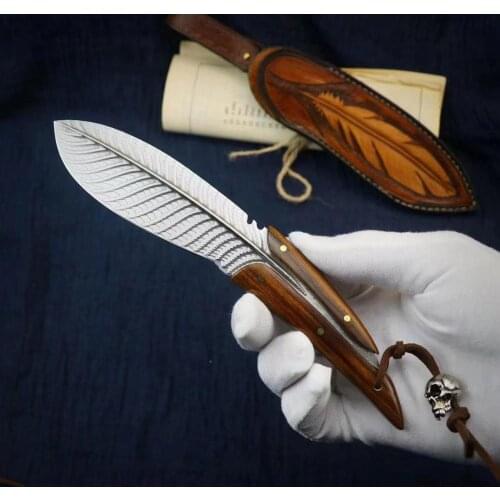 Damascus steel feather knife outdoor straight knife knives hunting knife survival fixed blade knive camping utility knifes EDC