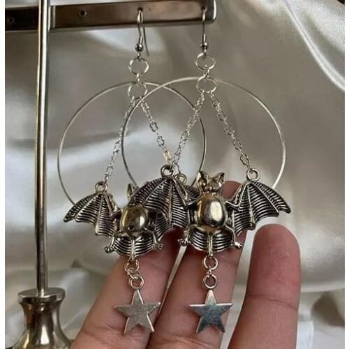 Halloween Moon , Star and Bat Dangle , Star and Bat Earring , Hoops Earrings