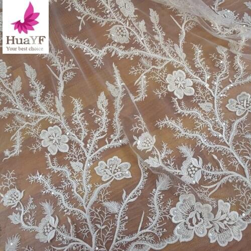 2020 Hot White Tulle Embroidery French Lace With Beads And Sequins Fabric For Bridal Dress HY1041