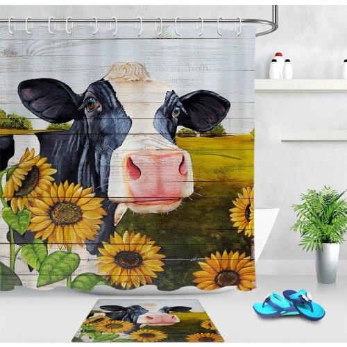 Cartoon Cow Farmhouse Shower Curtain Sunflower Flower Animal Painting Art Bathroom Decor Waterproof Polyester Bathtub Curtain