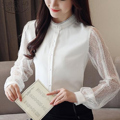 Casual Office Lady Tops Vintage Stand Lace Shirt Solid Women Tops and Blouse New Arrival Long Sleeve Chiffon Blouse 8099 50