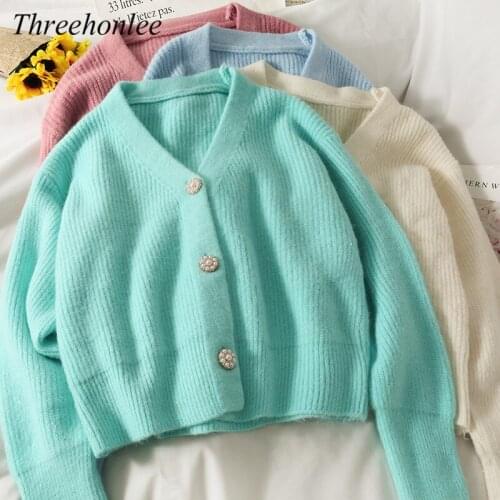 Korean Style Womens Sweater Autumn 2021 Sweet V-neck Single Breasted Loose Knitting Cardigan Female Casual All Match Clothes
