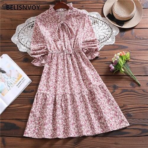 Mori Girl Robe Femme 2019 New Autumn Winter Vintage Vestidos Women Elbise Long Sleeve High Waist Floral Printed Corduroy Dresses