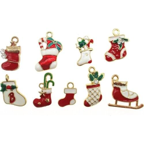10pcs Christmas series of Christmas Socks sled Candy Mix Enamel Charms for DIY Pendants Bracelet Earrings Jewelry Making XL660