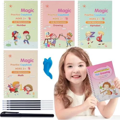 2021 Montessori 4 Books + Pen Reusable 3D Magic Exercise Book Magic Writing Children 0-10 Reusable English Numbers Letters Toys