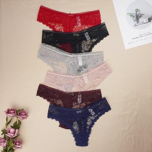 6 Pcs Lot Women Underwear Sexy G String Panties Thong Solid Color Lace Hollow Lingerie Femme Perspective Charming Low Rise
