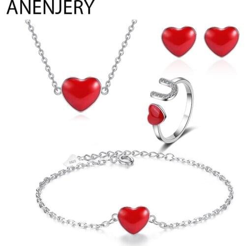 ANENJERY 925 Sterling Silver Jewelry Sets Red Heart Necklace+Earrings+Ring+Bracelet For Women Wedding Jewelry Gift