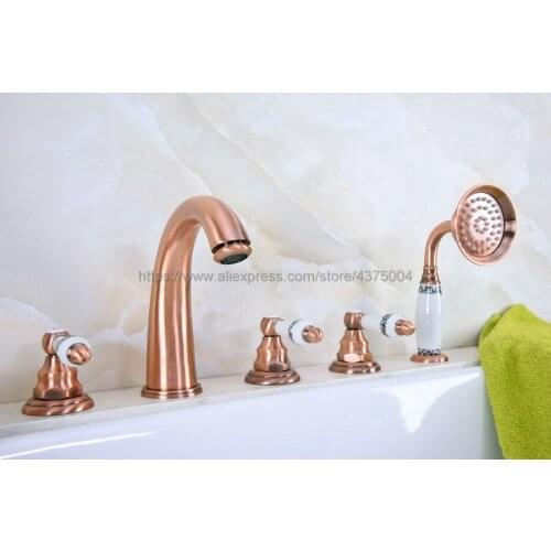 Antique Red Copper Bathtub Faucet 3 handle 5 hole Bathroom Faucet Set Rainfall Shower Hand Basin Hot Cold Mixer Tap Ntf233