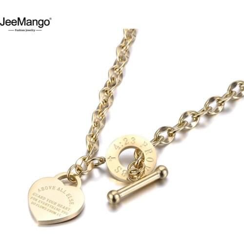 JeeMango Neo-Gothic Stainless Steel Love Heart Charm Pendant Necklaces For Women Religious Bible Proverbs Chain Necklace JN19085