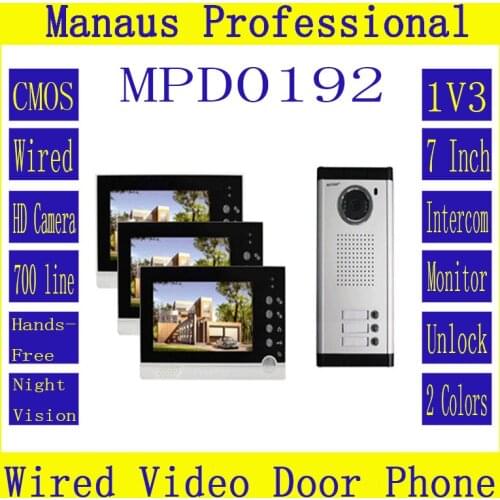 D192b Hot Selling Smart Home 1V3 Intercom System One to Three Video Doorbell 7 Inch Display 6 IR Lamps Cable Visible Interphone