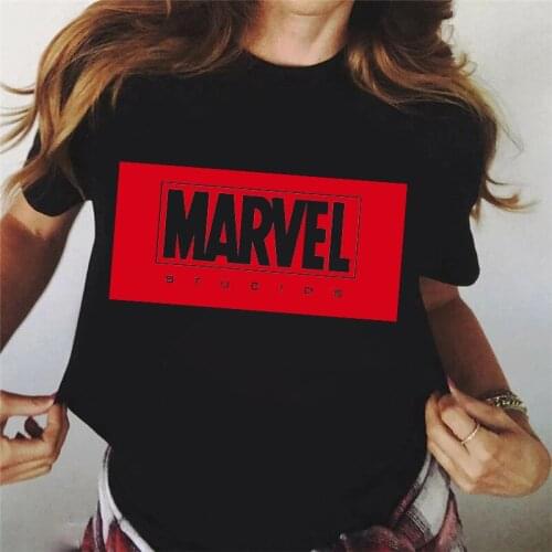 New Fashion Disney MARVEL Women Black T-shirt Casual Loose O-Neck Short Sleeve Summer Streetwear Harajuku Unisex Tee Tops Female