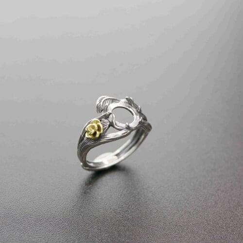 8MM vintage style brass flower branch round cabochon bezel antiqued solid 925 sterling silver adjustable ring settings 1213050