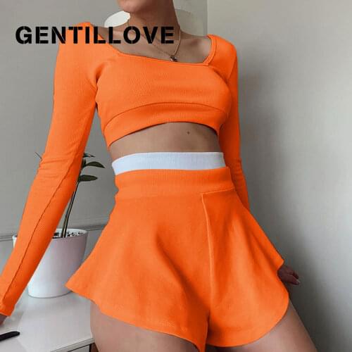Summer Sports Culottes Suit Women Solid Color New Style Y2k Long Sleeve Shorts Skirts Slim Fashion Tops Sexy Two Piece