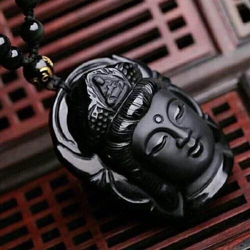 Natural Obsidian Buddha Pendants Necklace Hand Carved Chinese Buddha Lucky Amulet Jewelry Energy Healing Gift