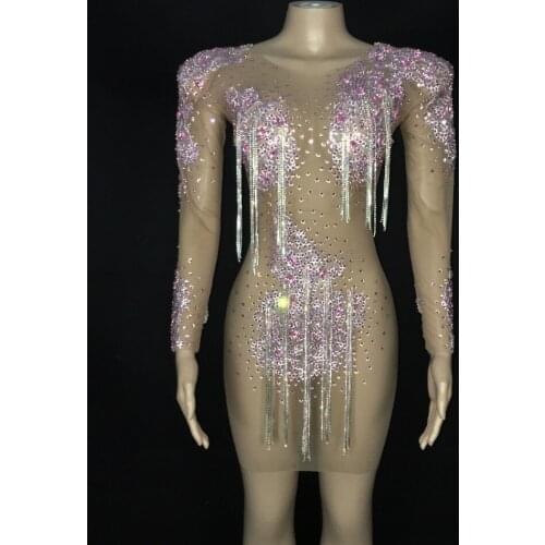 2020 New Design Pink Crystals Fringes Dress Prom Evening Celebrate See Through Mesh Dress Shining Birthday Transparent Dress