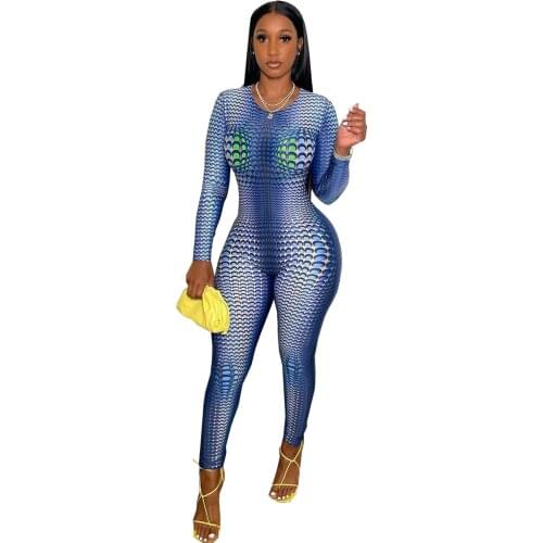 New Fashion Women Backzip Sportswear Pencil Pants Long Sleeve Sexy Print Bodycon Jumpsuit Famale O Neck Winter One Piece Outfits