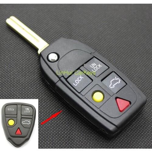 PINECONE for VOLVO XC90 S80 3+2 Yellow&Red Buttons Uncut Brass Blade Modified Remote Blank ABS Key Shell 1 PC