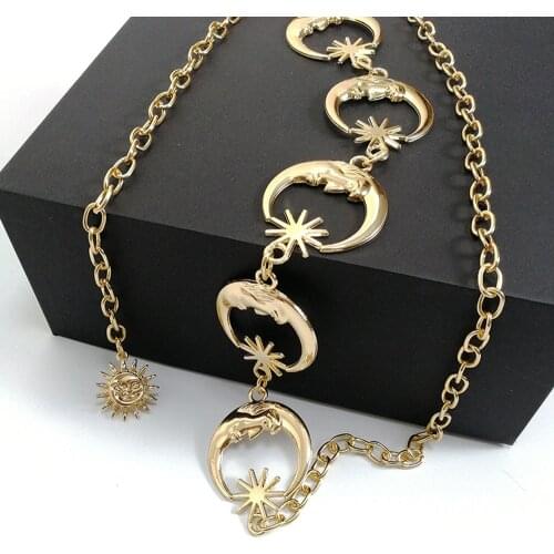 Harajuku Punk Moon Metal Belts Women Vintage High Waist Chain Waist Belts Gothic Moon Sun Sliver Pendant Belts