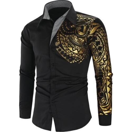 Luxury Gold Black Shirt Men New Slim Fit Long Sleeve Camisa Masculina Gold Black Chemise Homme Social Men Club Prom Shirt