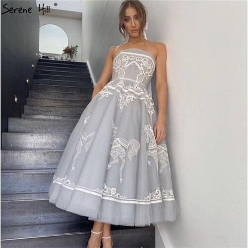 Grey Ankle Length A-Line Sexy Evening Dresses Off Shoulder Handmade Flower Formal Dresses Evening Gown Serene Hill 2020 BHM66970