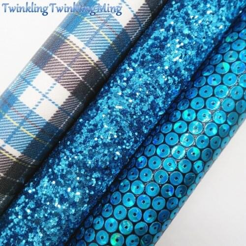 BLUE Glitter Fabirc, Tartan Faux Leather Fabric, Iridescent Synthetic Leather Sheets For Bow A4 8"x11"Twinkling Ming XM415