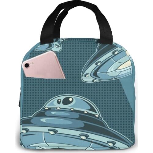 Vintage Pop UFO With Rays Of Light Cooler Bag Portable Zipper Thermal Lunch Bag Convenient Lunch Box Tote Food Bag