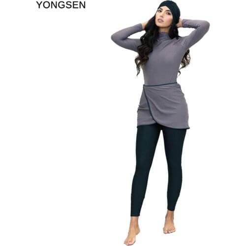 YONGSEN 2021 Burkinis Muslim Swimwear Women Long Sleeves Swimsuit 3pcs Islamic Modest Patchwork Hijab Sport Wear Bathing Suit