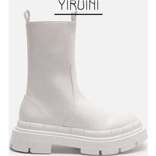 ZA Boots Ra Beige Short Boots Thick-soled Martin Boots Female Side Zipper Rider Boots Chelsea Mid-tube Calf Boots