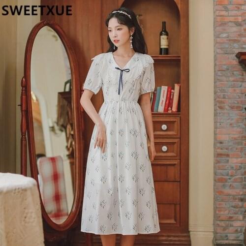SWEETXUE Womens Summer 2021 Korea White Floral Tender Romantic Fashion Designer Lace Patchwork Party Chic Dress Female Vestidos