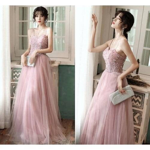 Sweet Pink Crystal Beading Prom Evening Dresses Long Straps Spaghetti See Through Tulle Evening Gown Hot Sale robe de soriee