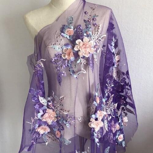 1Pc 3D Blue Purple Pink Lace Applique Flower Sewing Trims Wedding Decoration Cloth Applique Lace Fabric