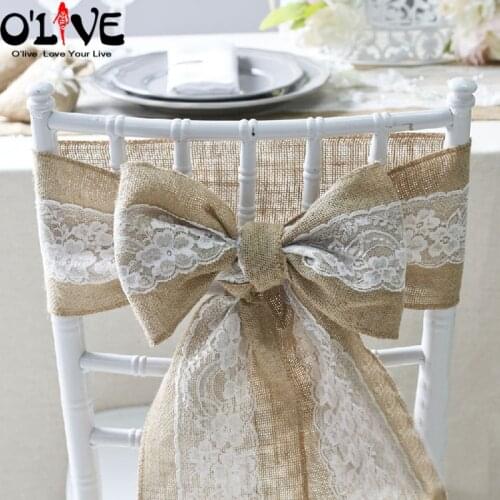 2 Pcs Vintage Natural Jute Chair Bows Lace Sashes Burlap Knot Hessian Chair Band Rustic Country Wedding Decoration Party Venue