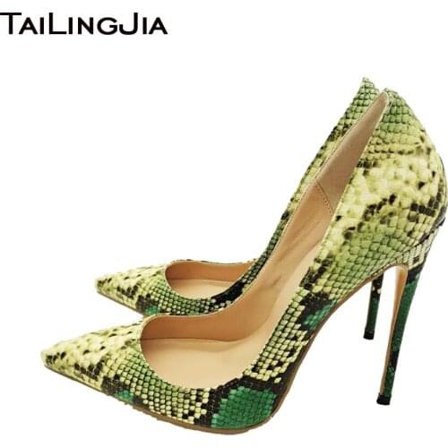 2020 New Green Snake Print Pumps for Women Stilettos High Heels Party Shoes Ladies Classics Design Large Size Female Footwear