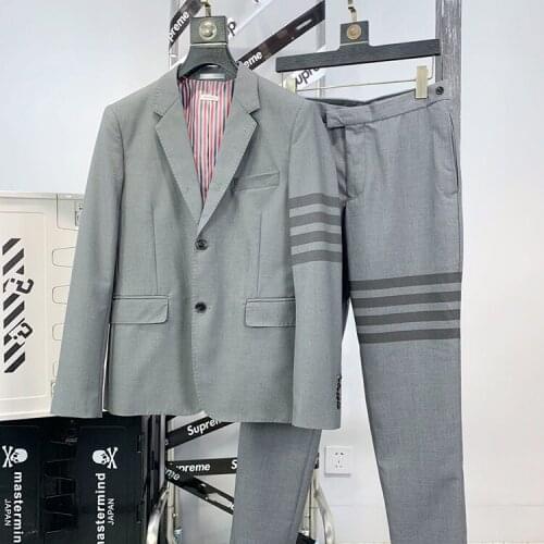 2021 Fashion TB THOM Brand Formal Blazer Men Clothing Casual Suits Mens Suit Pants Slim Striped Gray Wool Coat High Quality