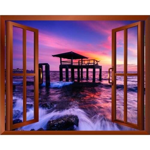 5D DIY Diamond Painting Cross Stitch Pink Sea Wooden Window Landscape Rainbow Diamond mosaic Drill Home Decoration Handmade Kit