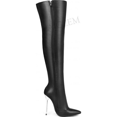 BERZIMER Women Over Knee Boots Stretchy Faux Leather Metal Stiletto Heels Boots Party Club Dance Shoes Woman Big Size 41 42 43