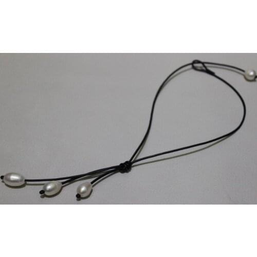 FREE SHIPPING>>>@@ > Black leather 3beads white freshwater pearl necklace 10x12mm 16"no matel