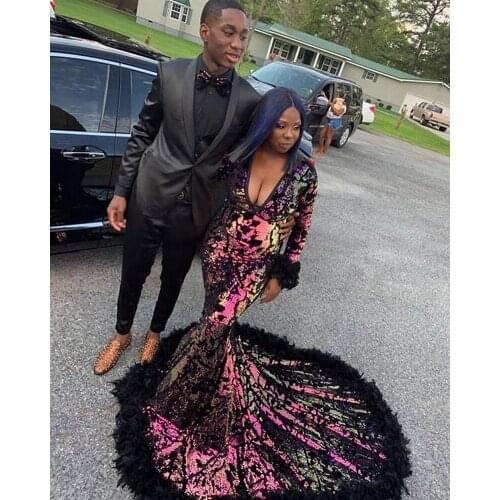 Sparkle Prom Dresses Mermaid V-neck Long Sleeves Sequins Feather South African Sexy Prom Gown Evening Dresses Robe De Soiree