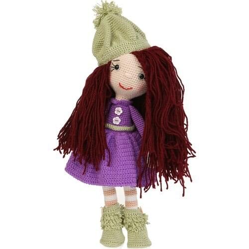 Burgundy Hair Green Hat Amigurumi Mesh Baby Doll Size 43 cm