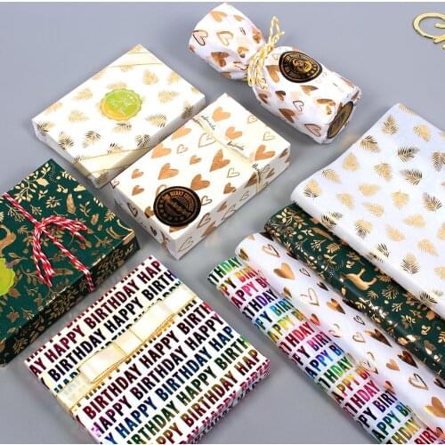 10pcs Gold Print Craft paper Birthday Gift packing Flower Packaging Party Favors Tissue Paper Roll Wrapping Papers
