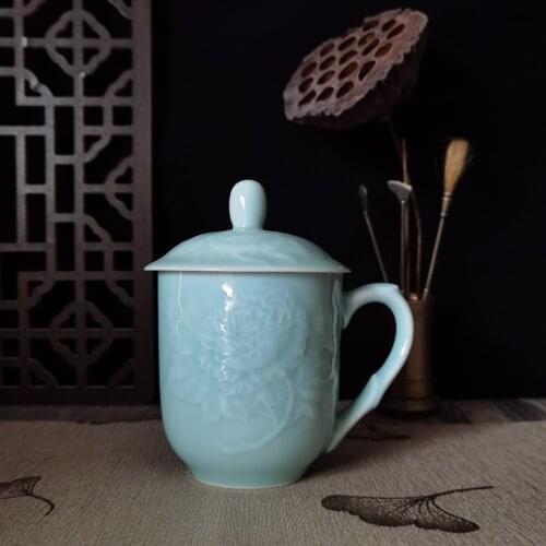 Teacup Coffee Mug Teacups 13oz Mugs with Lid Microwave and Dishwasher Safe Chinese Porcelain Cups Embossed with Peony Celadons