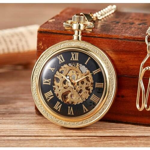 Classic Roman Mechanical Pocket Watches Mens Gold Skeleton Steampunk Pocket Watch Chains Fob Clips Clock for Men Gifts Relogio