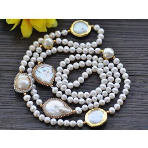 MCT·STAR Z10273 38" 28mm White Round Baroque Drip Keshi Gold CZ Pearl Necklace