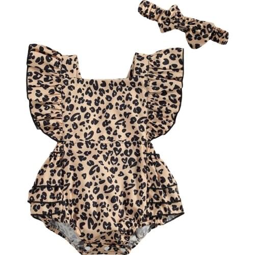 New Babys Leopard Print Jumpsuit Toddler Girl Square Neck Flying Sleeve Short Pants Romper