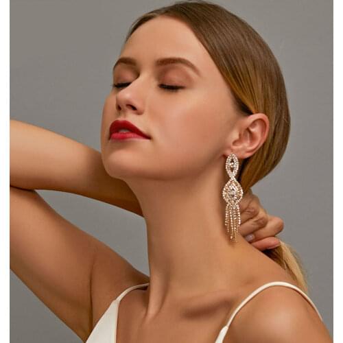 Modyle Korean Fashion Metal Zircon Tassel Drop Earrings for Women Personality Jewelry Temperament Long Bridal Earrings Gift
