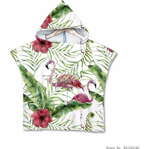 Fashion Pink Flamingo Green Floral Print Childrens Bath Towel 3D Double-sided Digital Print Hooded Portable Cape